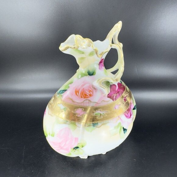 Antique Nippon Hand Painted Green Vase Pitcher Ewer Floral Gold Trim Porcelain - Picture 11 of 16